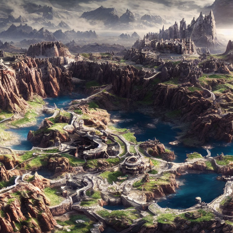 Fantastical landscape with rivers, spires, stone structures, meadows, and canyons
