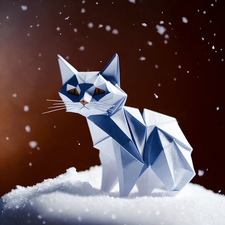 Geometric Origami Cat in Snow with Falling Snowflakes