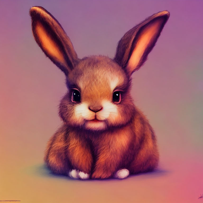 Fluffy brown rabbit with large ears on soft purple and pink background