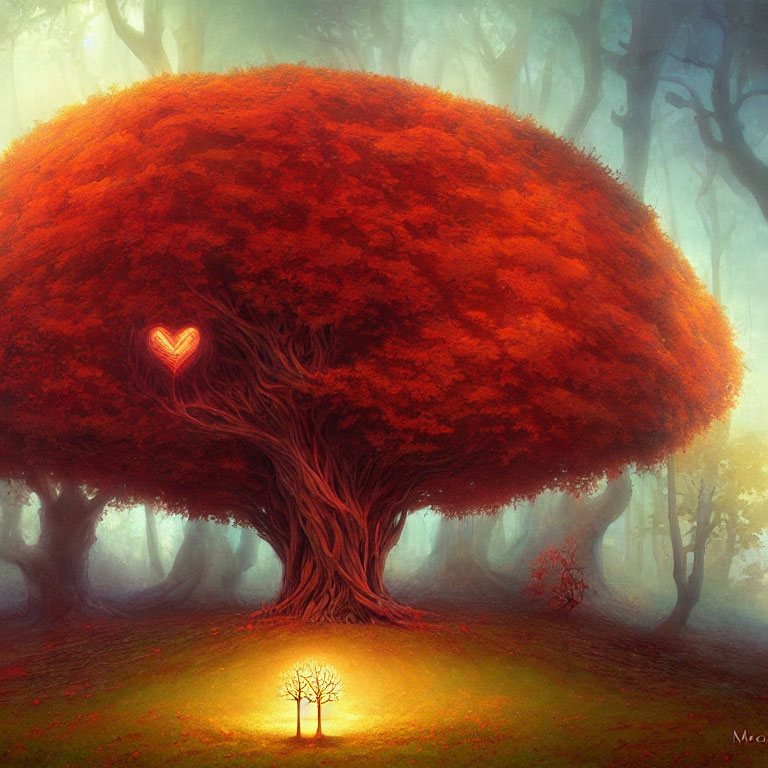 Enormous glowing red leaves on mystical forest tree with heart-shaped hollow