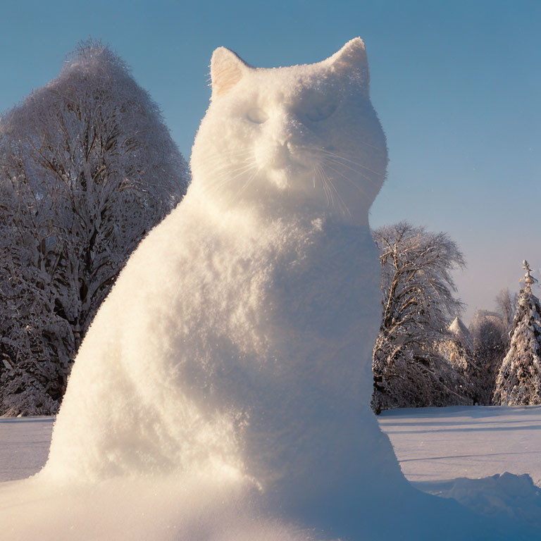 Detailed Snow Cat Sculpture in Winter Landscape
