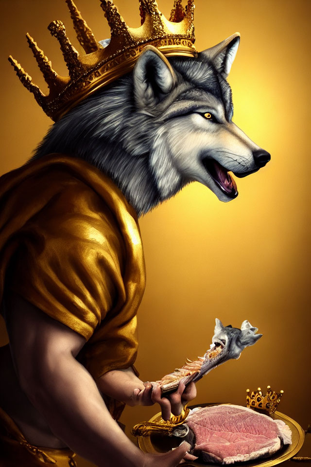 Royal anthropomorphic wolf with crown and scepter holding meat platter on golden background