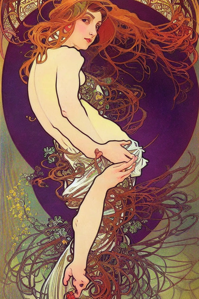 Art Nouveau Woman Illustration: Red Hair, White Dress, Nature Motifs