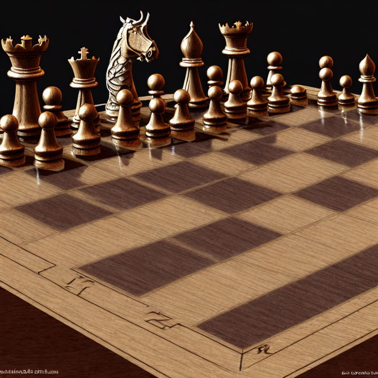Wooden Chess Pieces on Chessboard with Diagonal View of Black Knight