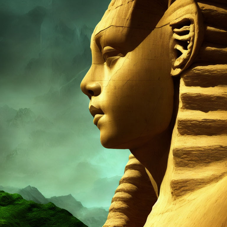 Sandstone Sphinx Profile with Intricate Headdress Against Green Hills and Stormy Skies