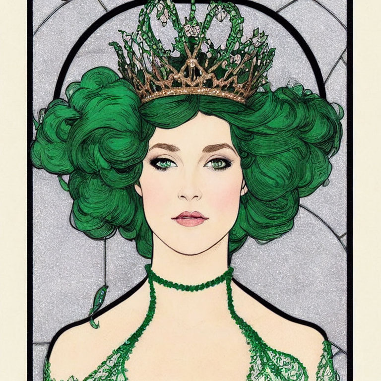 Voluminous green hair woman with ornate crown against stained-glass backdrop