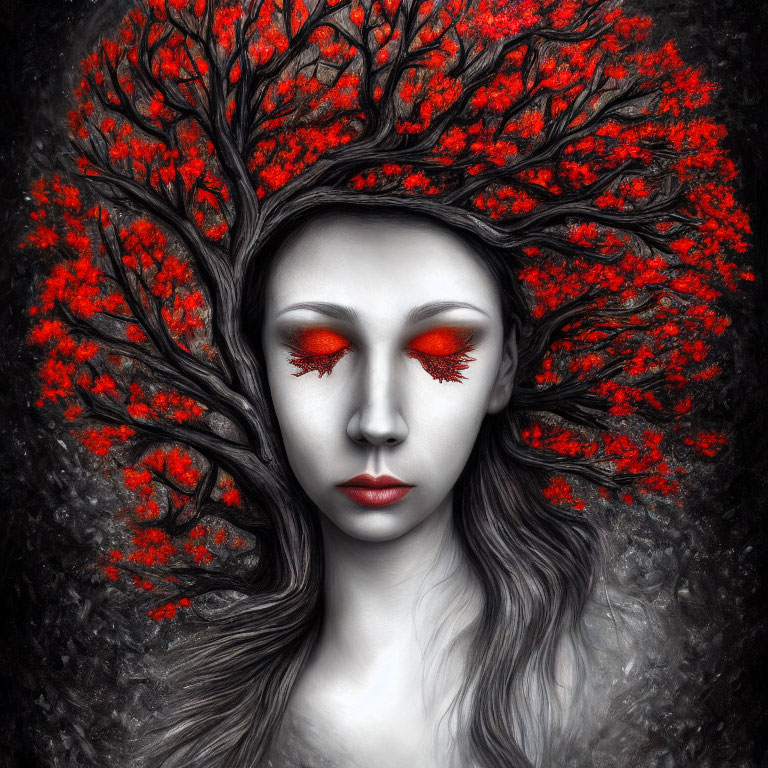 Woman with Tree Branch Hair and Red Leaves on Black and White Background