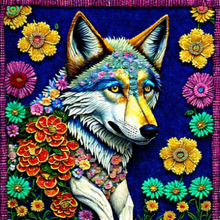 Colorful Wolf Artwork with Floral Elements on Blue Background