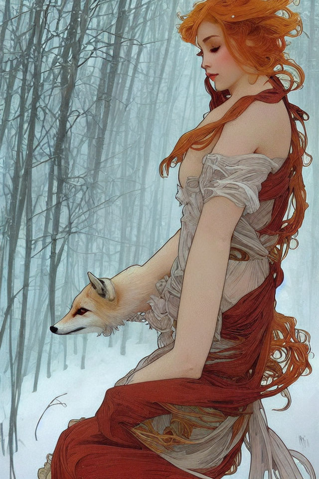 Red-haired woman in cream and red dress with fox in snowy forest