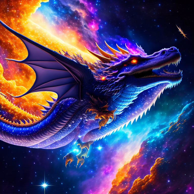 Blue dragon with outstretched wings in cosmic setting