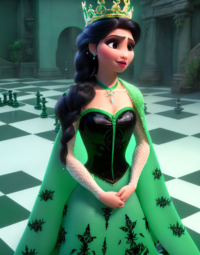 3D animated queen in green gown and crown in chess-themed room