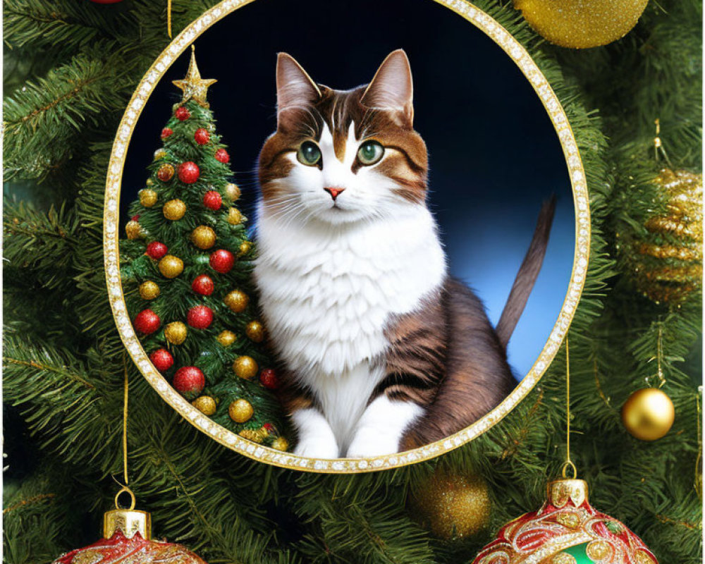 Brown and White Cat in Christmas-themed Circular Frame with Tree Decorations