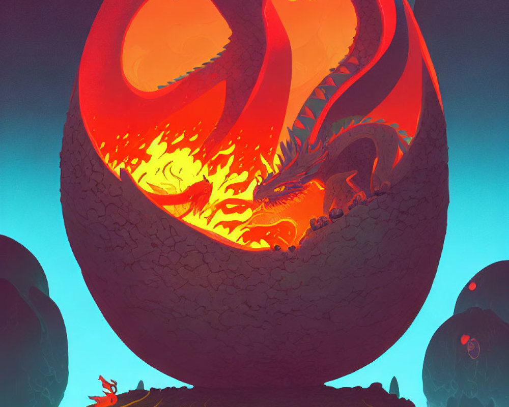 Detailed artwork: Dragon in fiery orb with mystical blue aura