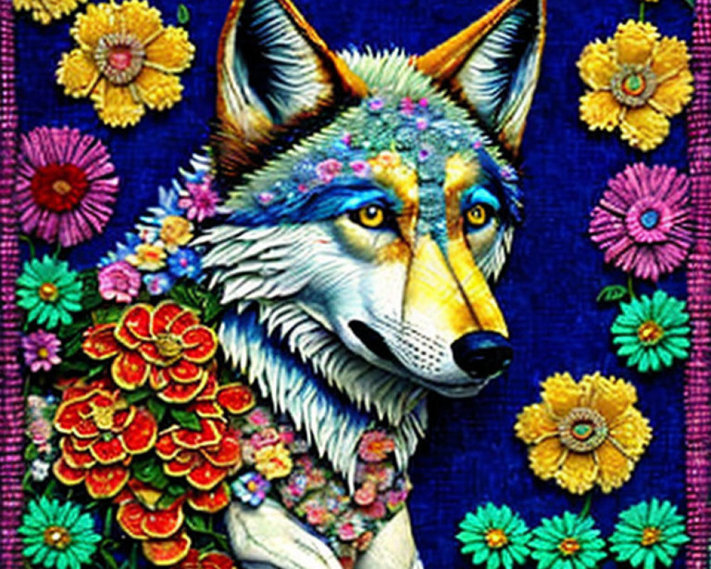 Colorful Wolf Artwork with Floral Elements on Blue Background