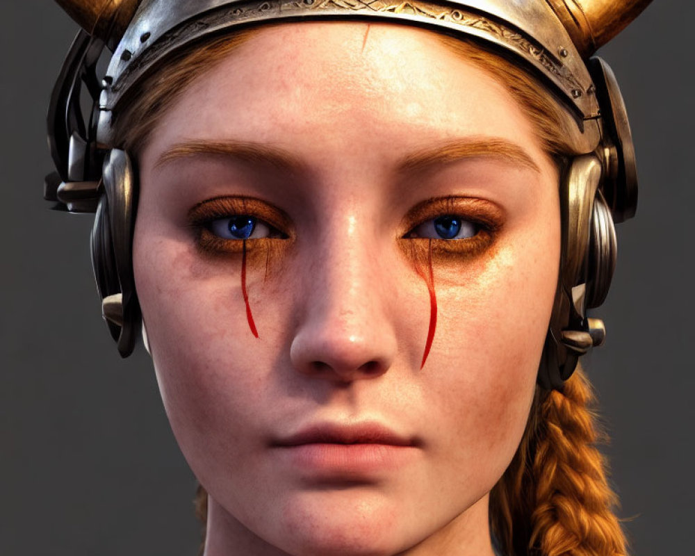 Close-up portrait of woman with braided hair and Viking helmet, golden eyes, tears.
