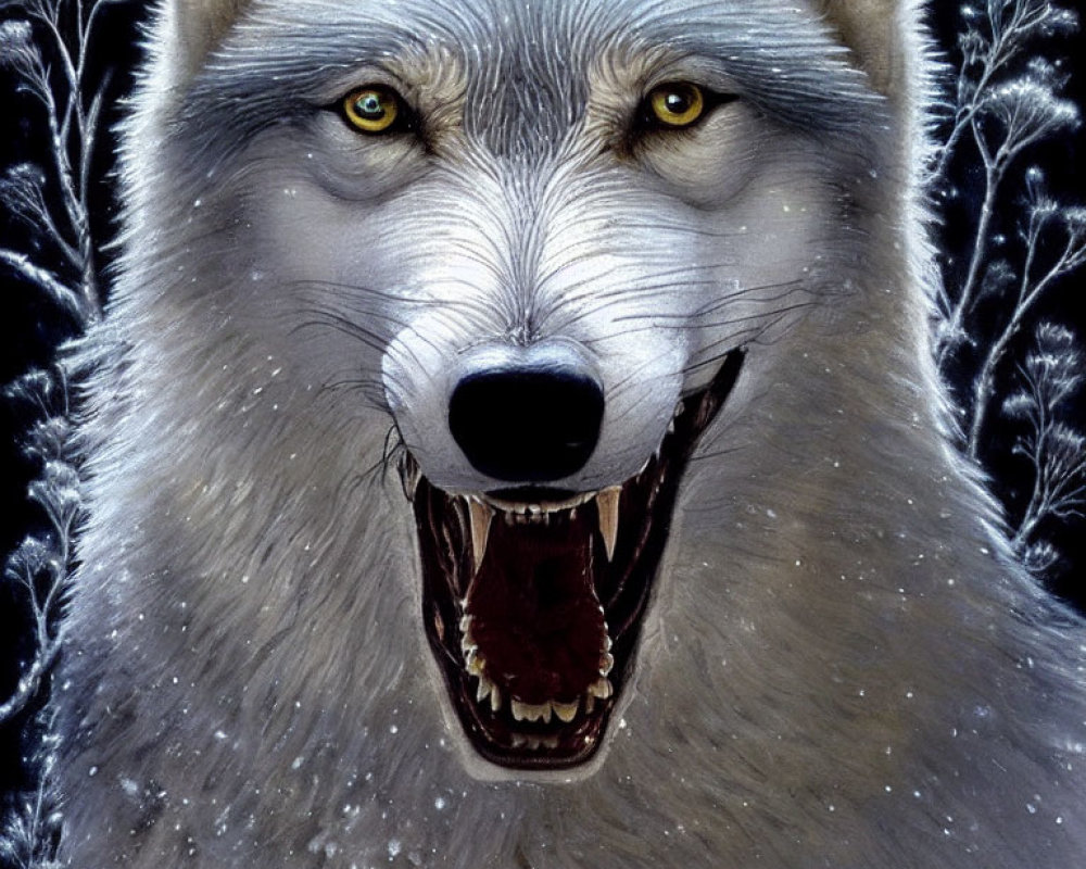 Detailed Illustration: Snarling Gray Wolf with Yellow Eyes in Frosty Blue Foliage