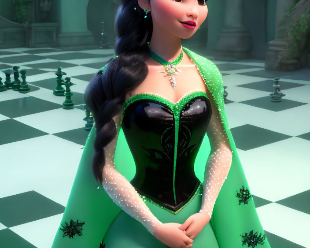 3D animated queen in green gown and crown in chess-themed room