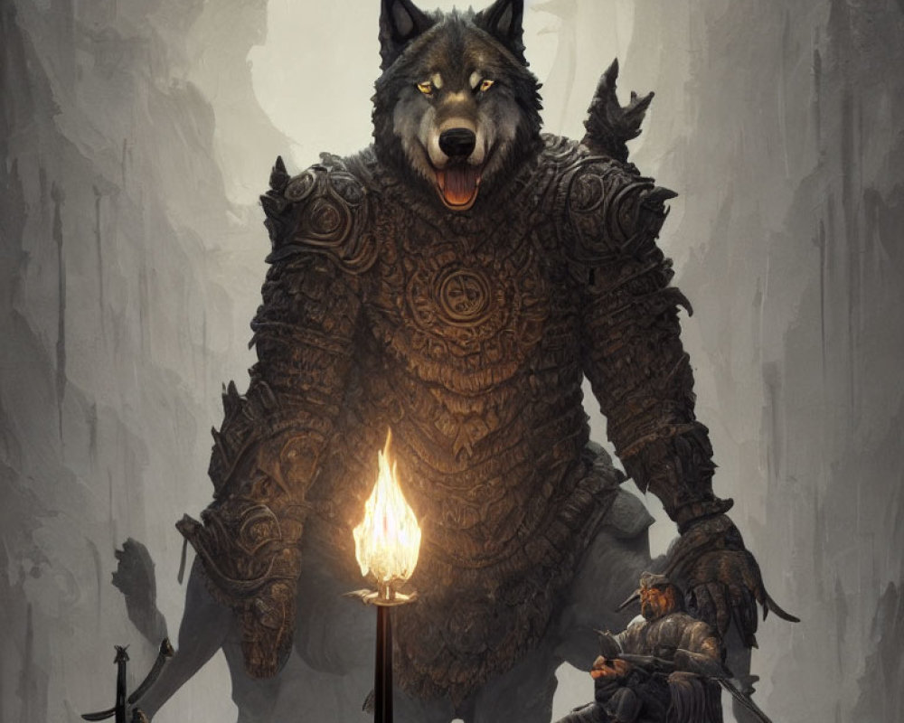 Anthropomorphic wolf warrior in ornate armor with human ally in foggy cavernous setting