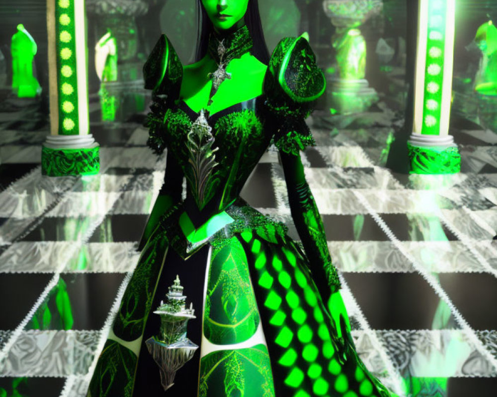 Regal figure in black and green gown with crown and armor in fantasy throne room.