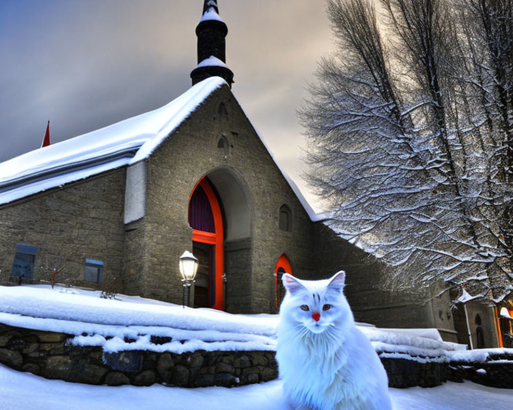 White Cat in Snow-Covered Church Setting at Twilight