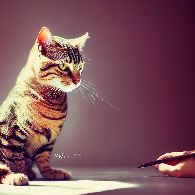 Striped domestic cat sitting beside paper with soft light and human hand holding pencil.