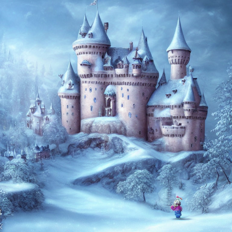 Whimsical castle in snowy landscape with lone figure under twilight sky