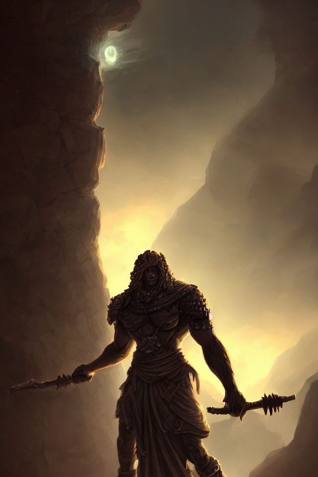 Armored Figure with Staff in Dimly Lit Canyon