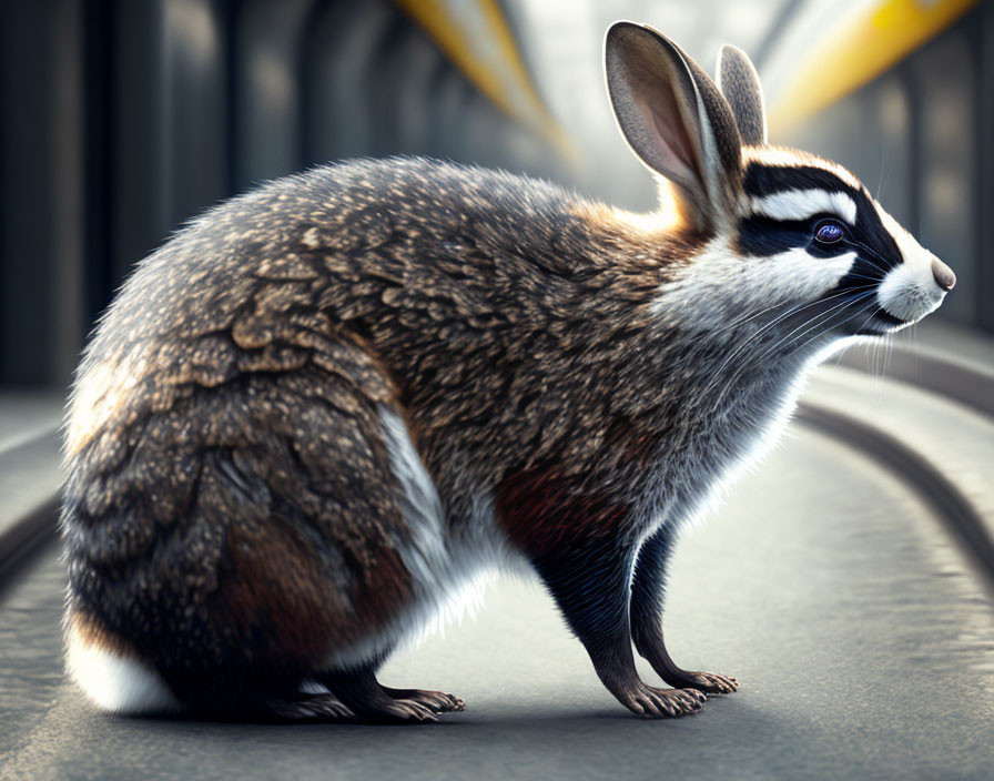 Digital artwork of rabbit-raccoon creature in industrial setting