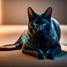 Black Cat with Blue and Gold Necklace in Warmly Lit Room