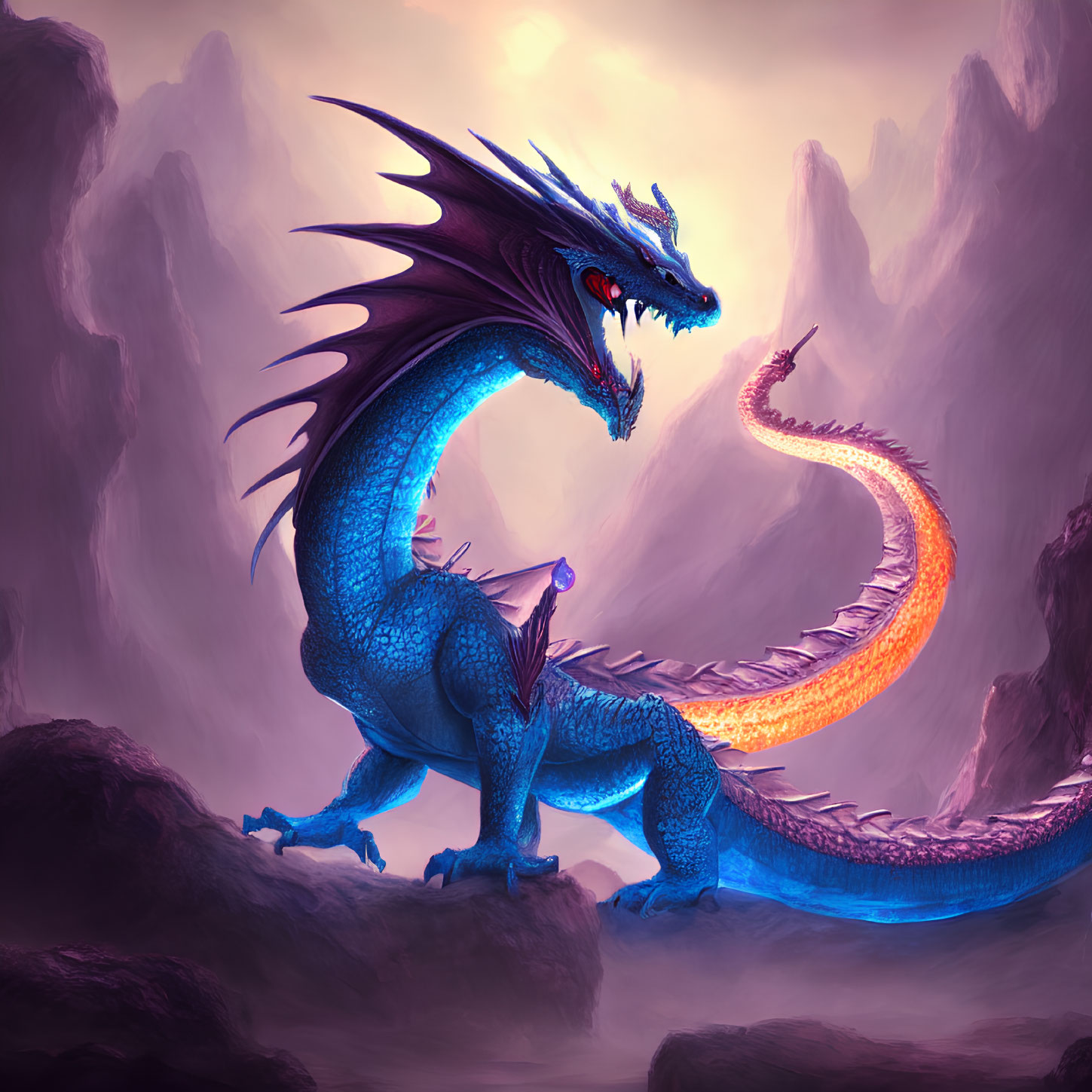 Blue dragon with purple accents on rocky outcrop in misty mountains under purple sky