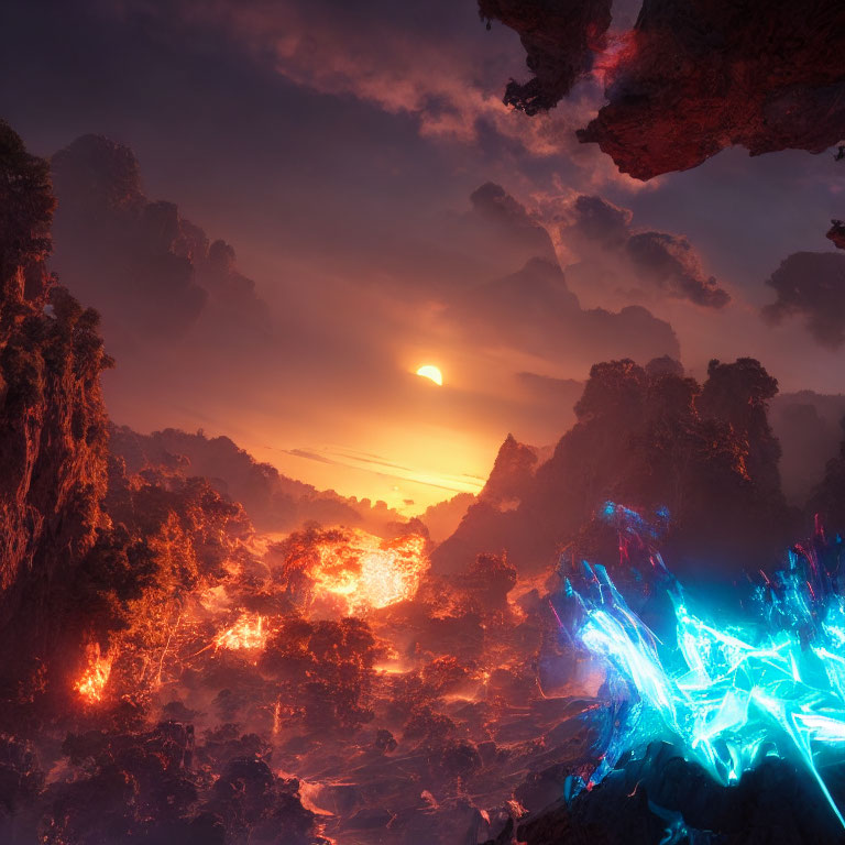 Fiery Terrain and Glowing Crystals in Dramatic Sunset Sky