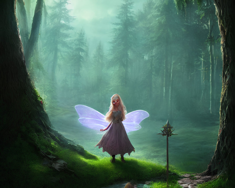 Translucent-winged fairy by stream in misty forest with mace-like object