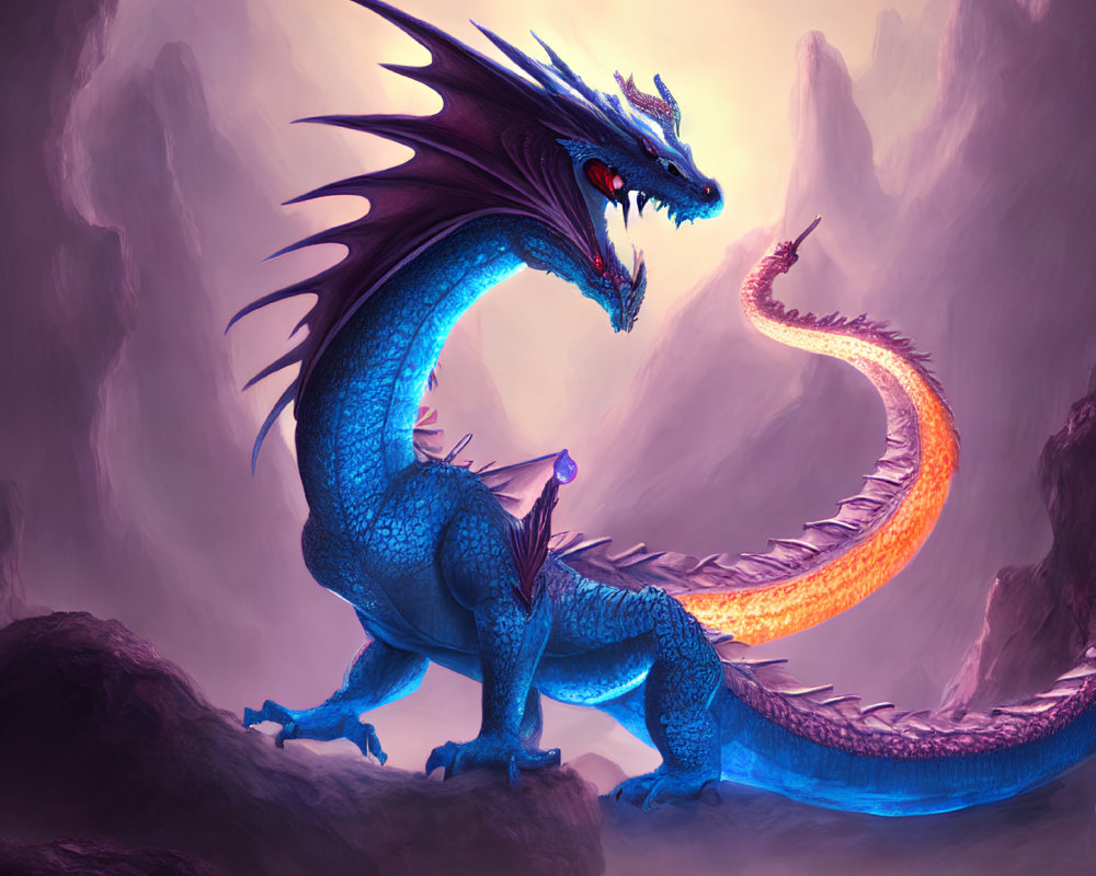 Blue dragon with purple accents on rocky outcrop in misty mountains under purple sky