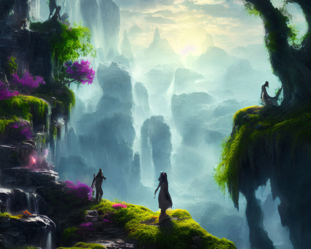 Mystical landscape with travelers, waterfalls, and sunrise