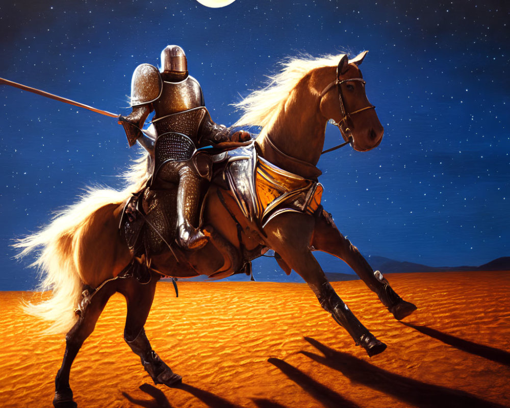 Knight on Horseback under Full Moon in Desert Night