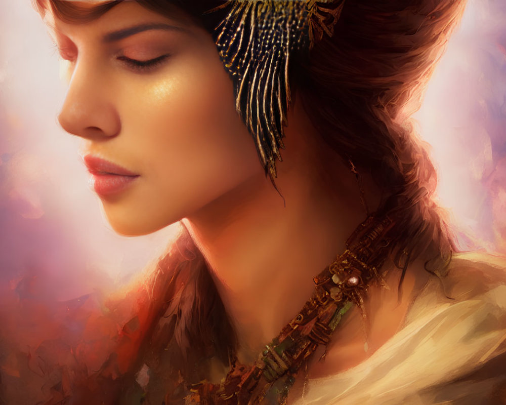 Serene woman portrait with closed eyes and ornate accessories on warm background