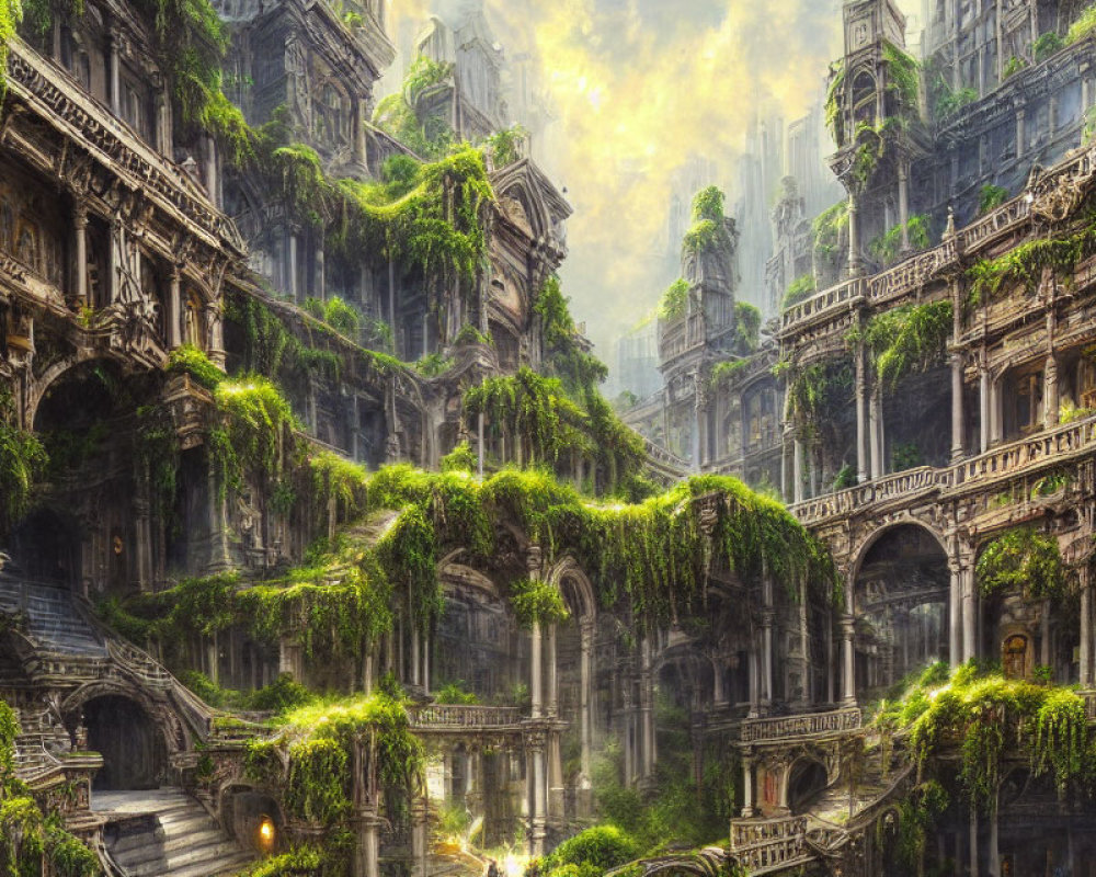 Ancient overgrown city ruins with greenery and sunlight
