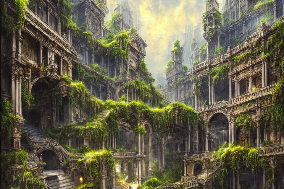 Ancient overgrown city ruins with greenery and sunlight