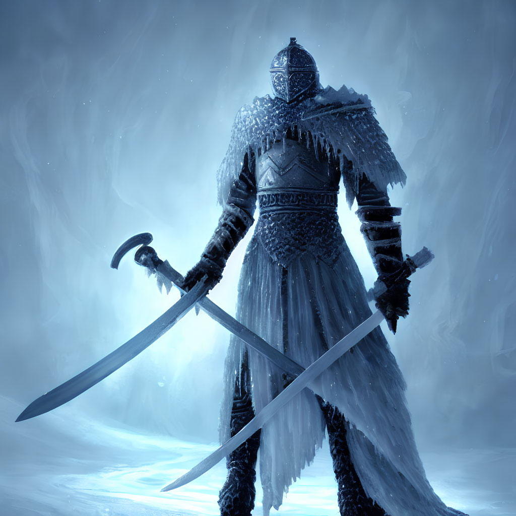 Knight in armor with sword and pickaxe in snowy landscape with fur cloak.