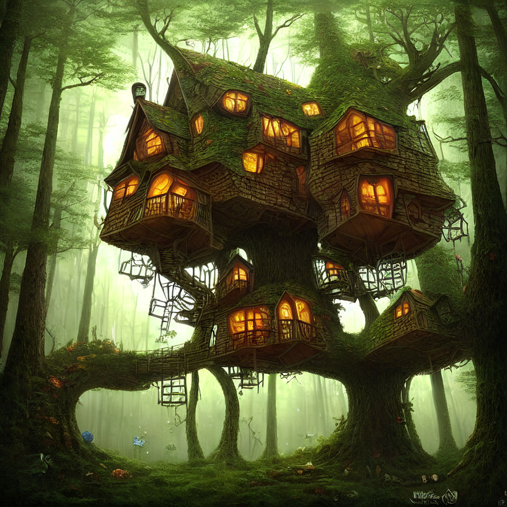 Enchanting treehouse with wooden cabins in mystical forest