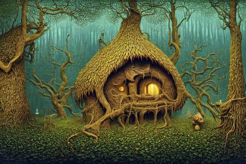Thatched Cottage in Mystical Forest with Glowing Windows