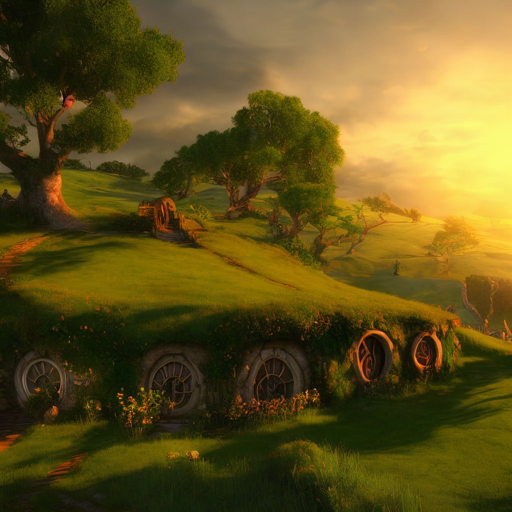 Landscape with hobbit-like burrow homes, round doors, lush green hillside, warm sunset
