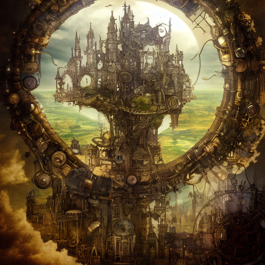 Steampunk city in giant gear ring with intricate architecture