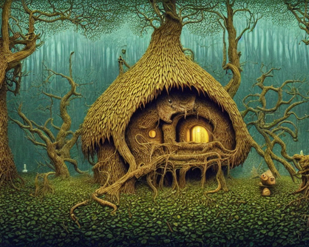 Thatched Cottage in Mystical Forest with Glowing Windows