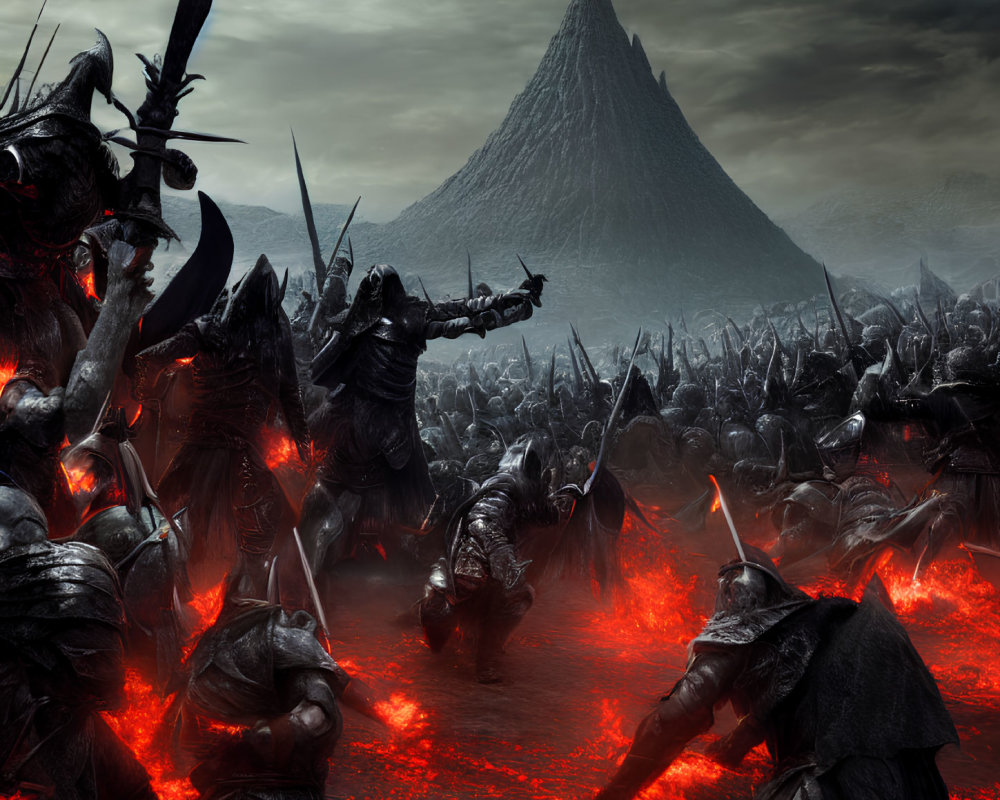 Armored warriors in fantasy battle scene with glowing red cracks, dark sky, and looming mountain.