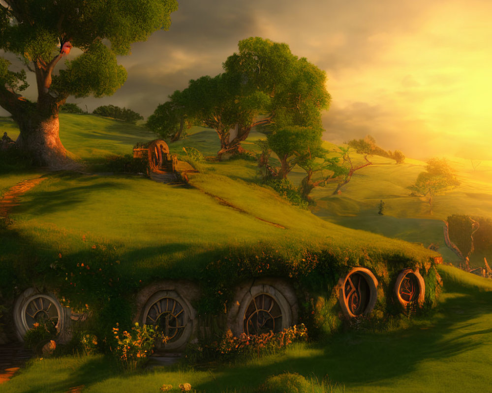Landscape with hobbit-like burrow homes, round doors, lush green hillside, warm sunset