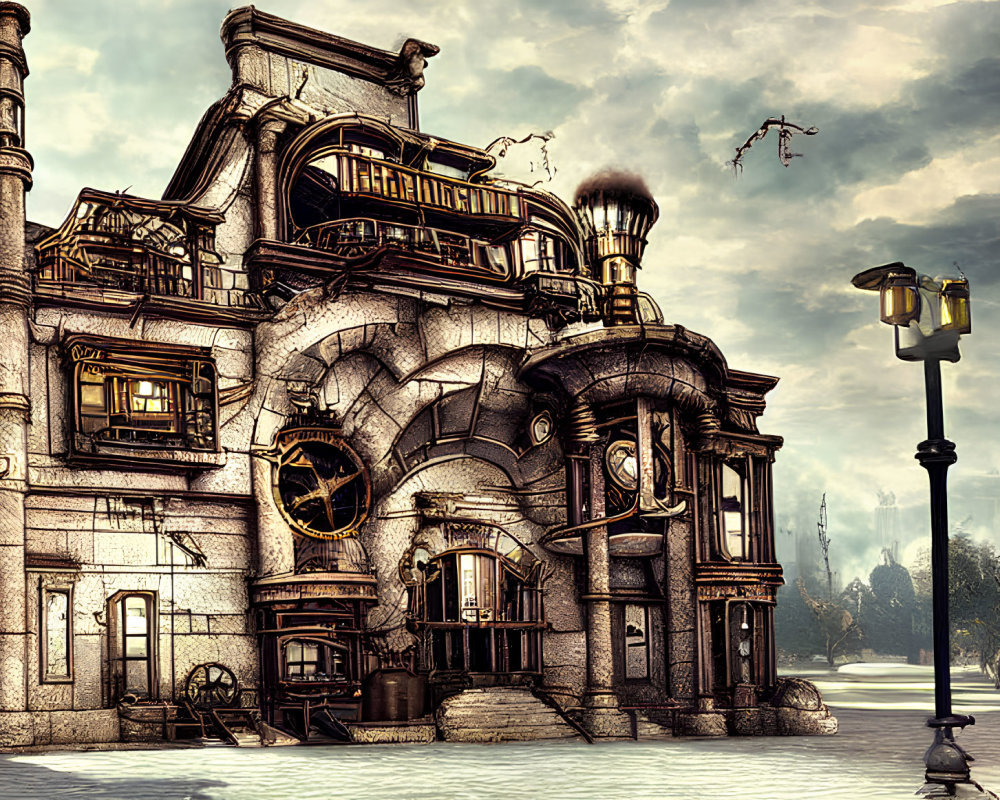 Steampunk-inspired building with curved architecture, pipes, gears on cobblestone street.
