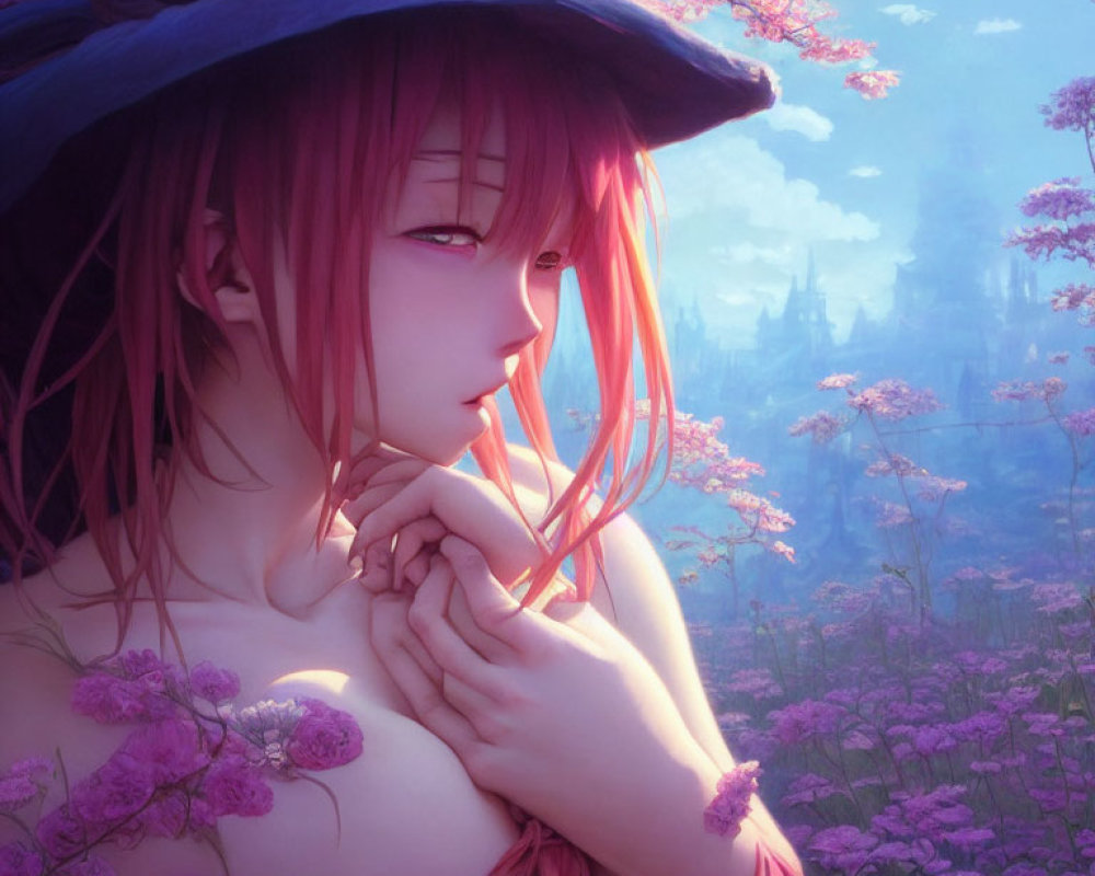 Pink-Haired Anime-Style Girl in Purple Flower Field with Castle Silhouette