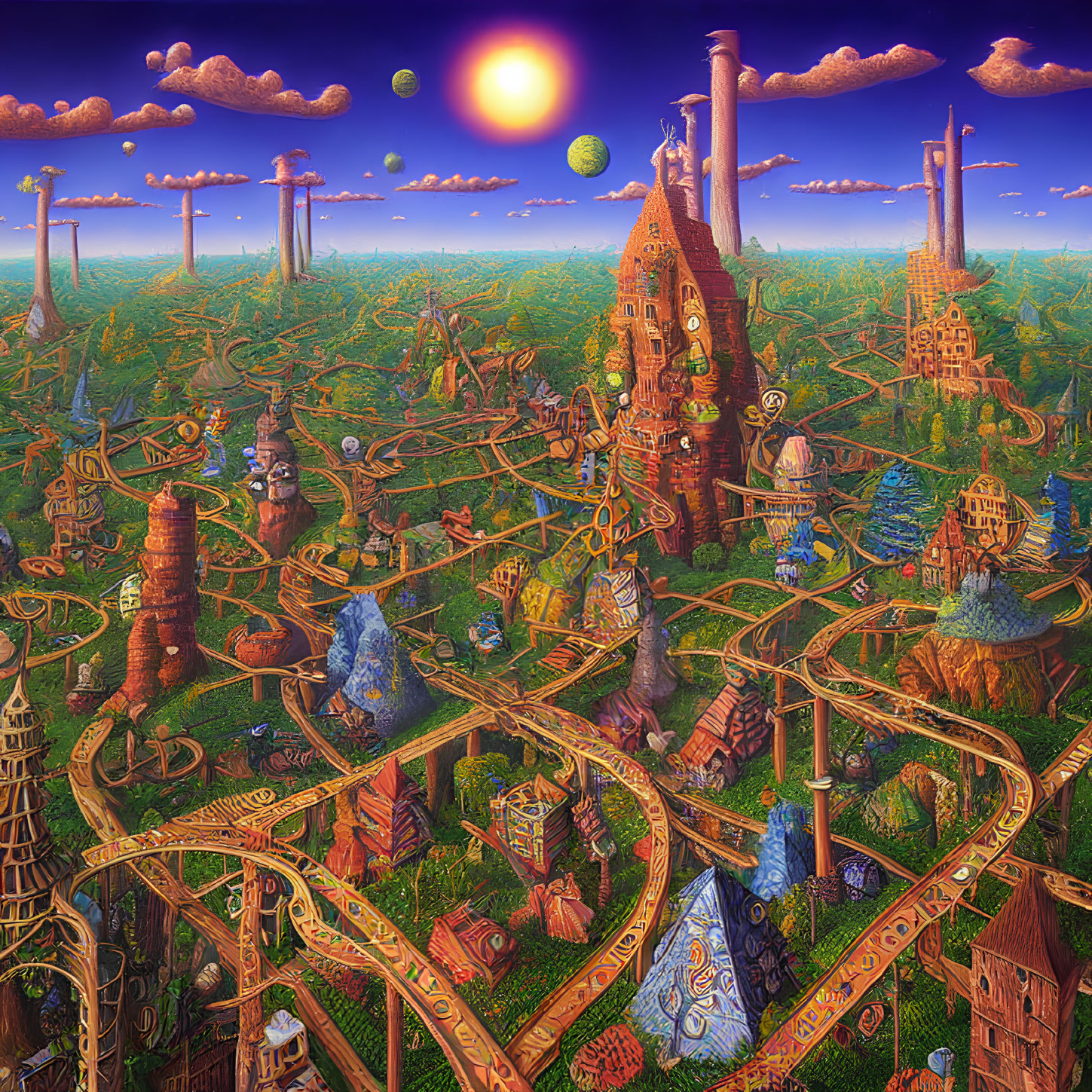 Fantastical landscape with whimsical architecture and rollercoaster tracks