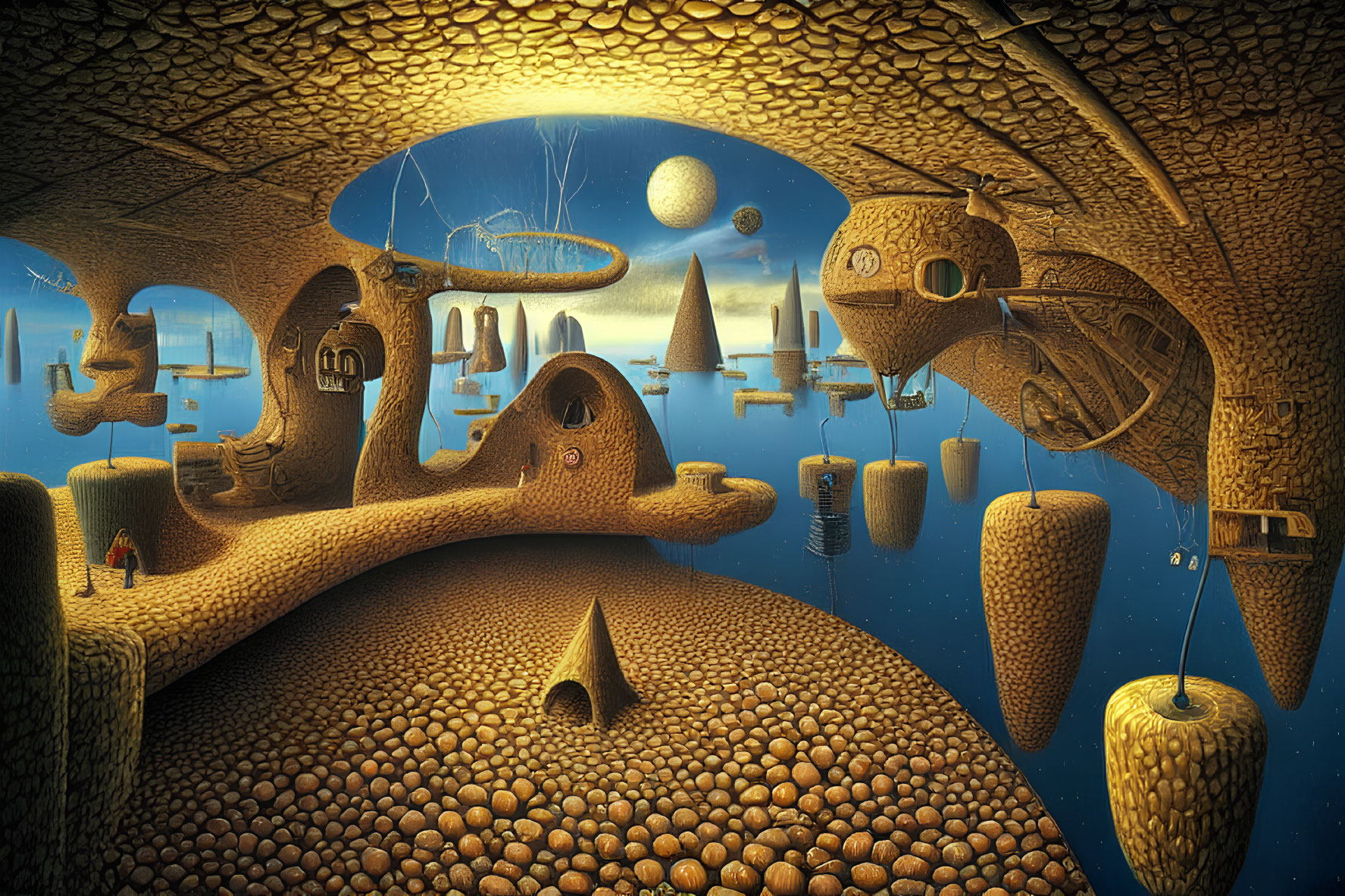 Surreal landscape with floating islands and cobblestone ground
